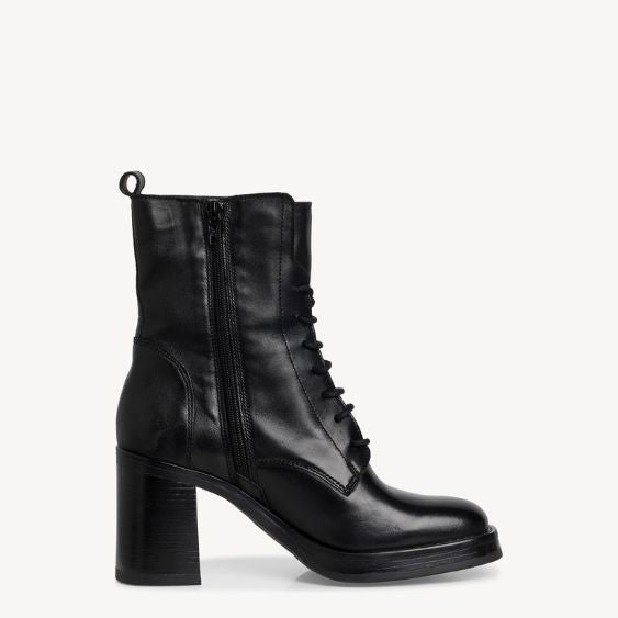 Tamaris Black Leather High Rise Lace up Ankle boot with Heel