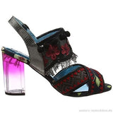 Poetic Licence - Red and Black "Aztec Queen" Peep Toe Sandals with a Clear Heel and Fringe Detail