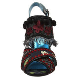 Poetic Licence - Red and Black "Aztec Queen" Peep Toe Sandals with a Clear Heel and Fringe Detail